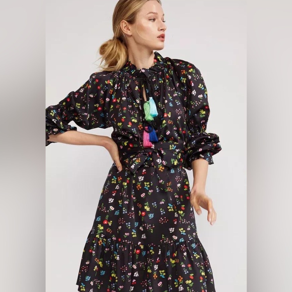 CYNTHIA ROWLEY Betty Floral-print Tassel-tie Dress In Black size L